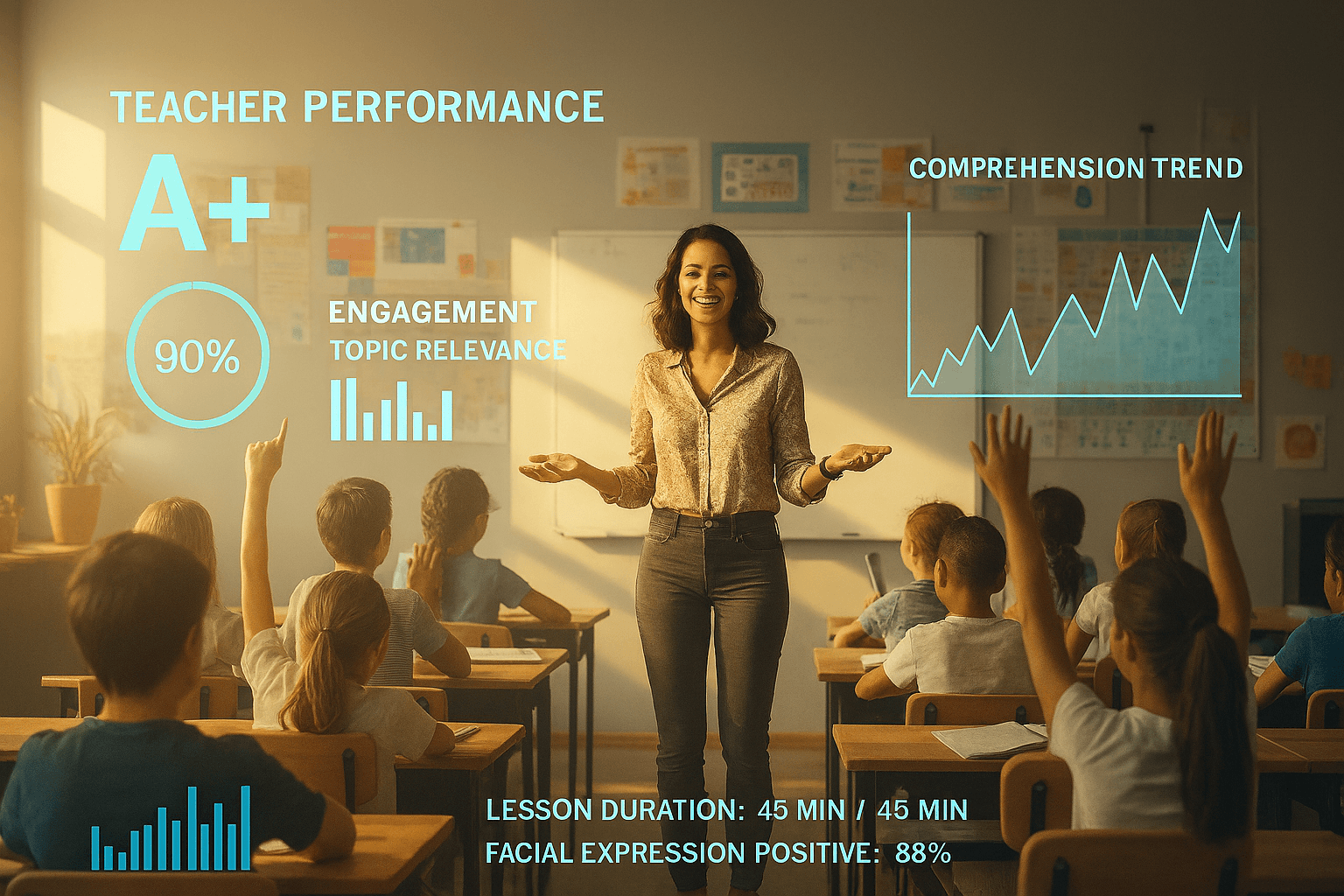 Teacher using technology in a classroom setting for analysis